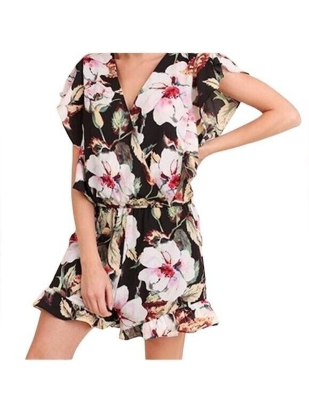 Umgee Black Floral V-Neck Surplice Ruffle short Sleeve Shorts Romper Size Medium